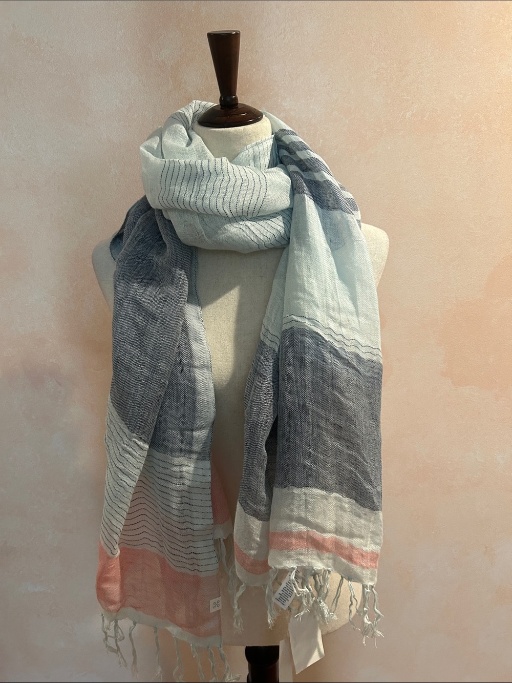 Nordstrom Blue pink Combo Lightweight linen blend Fringe Scarf new with tags